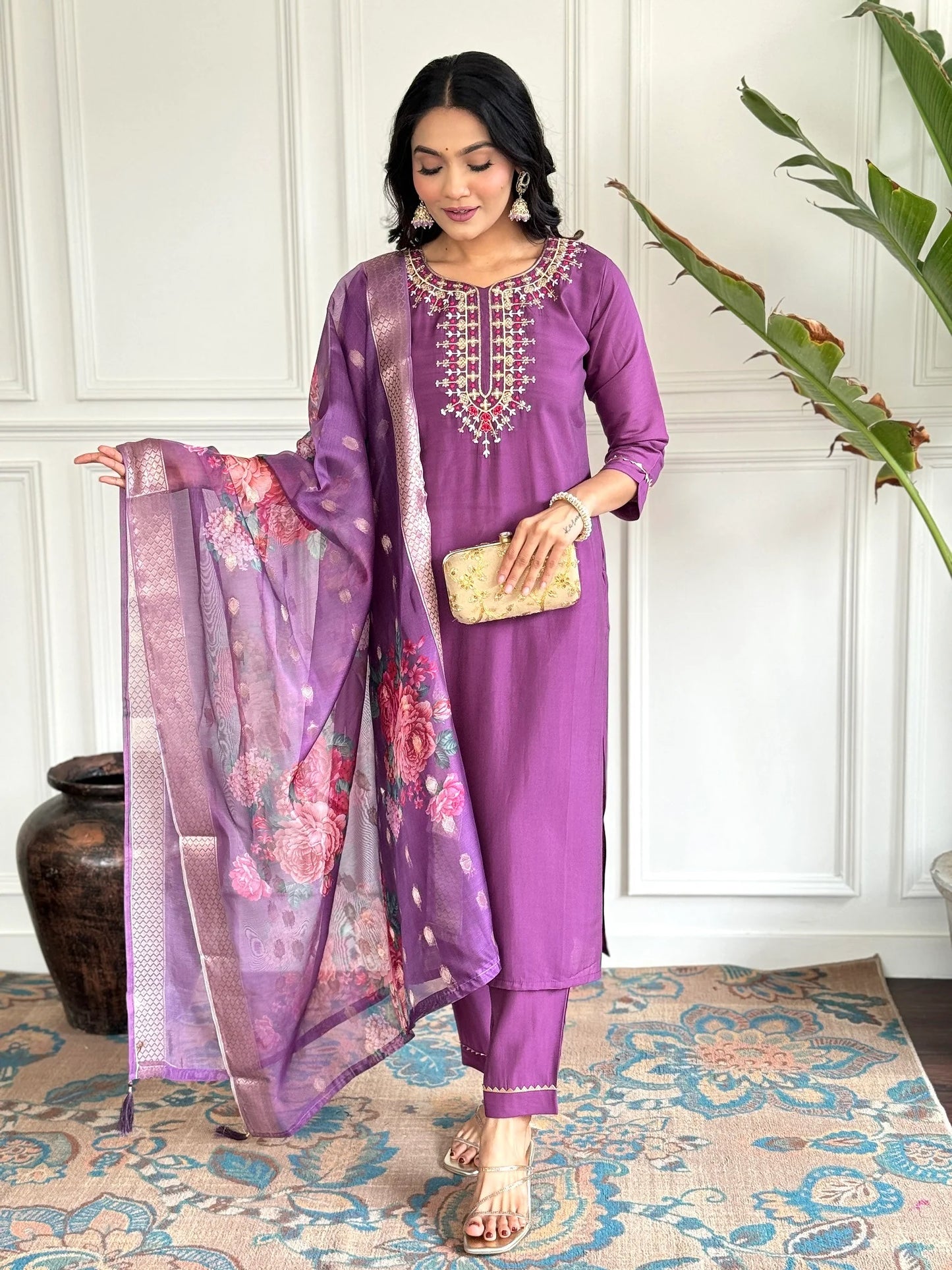 Women Party Wear Embroidery Worked Kurta With Pant And Dupatta Set