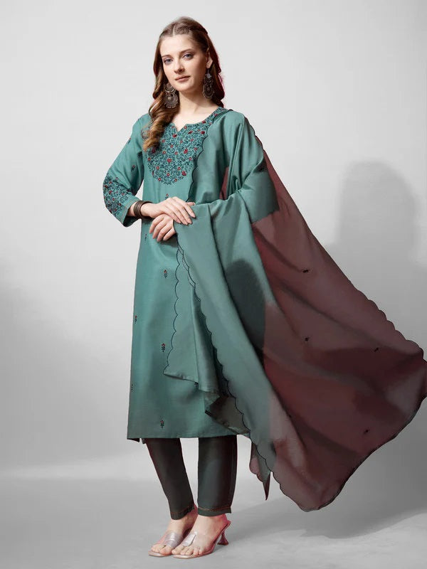 Womens Teal Embroidered Cotton Blend Kurta Pant Set With Dupatta