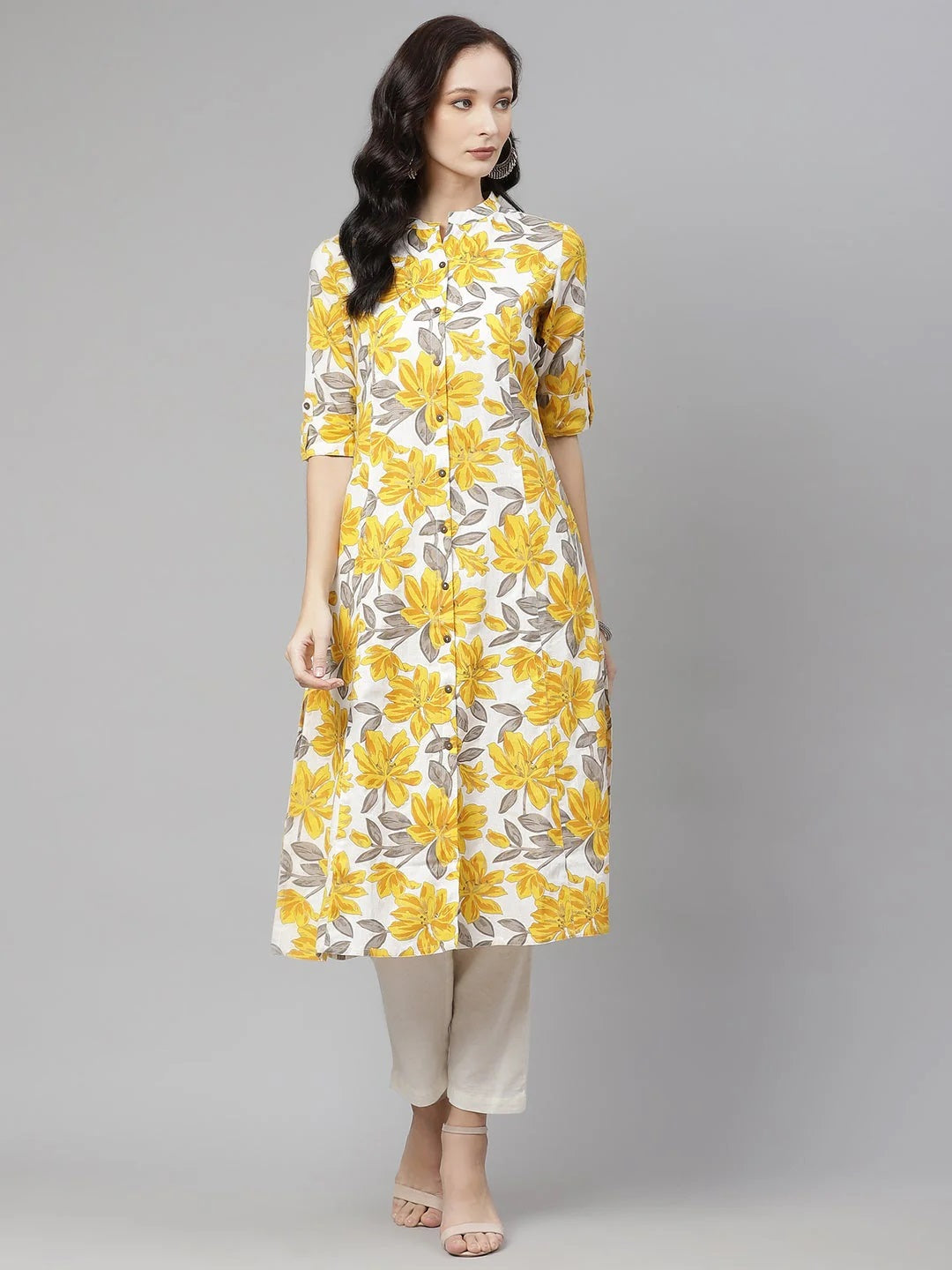 Women's Yellow Floral Print Pure Cotton A-line Kurta