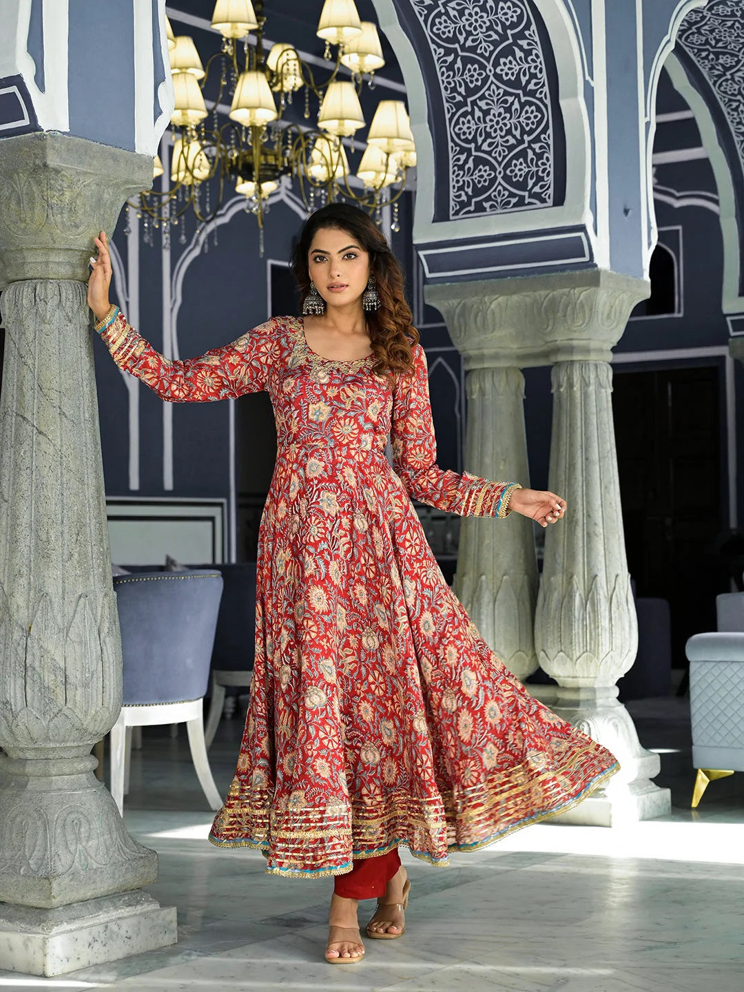 Red Floral Printed Anarkali Muslin Kurta Trouser With Dupatta Set