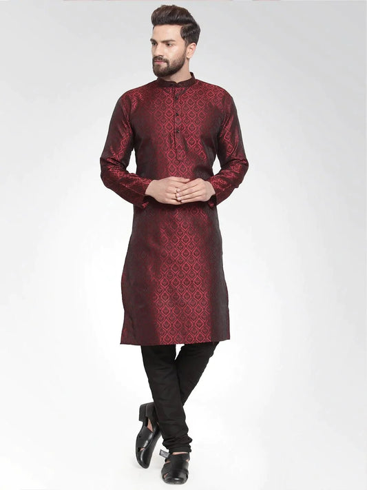 Men Maroon-Colored & Black Self Design Kurta With Churidar