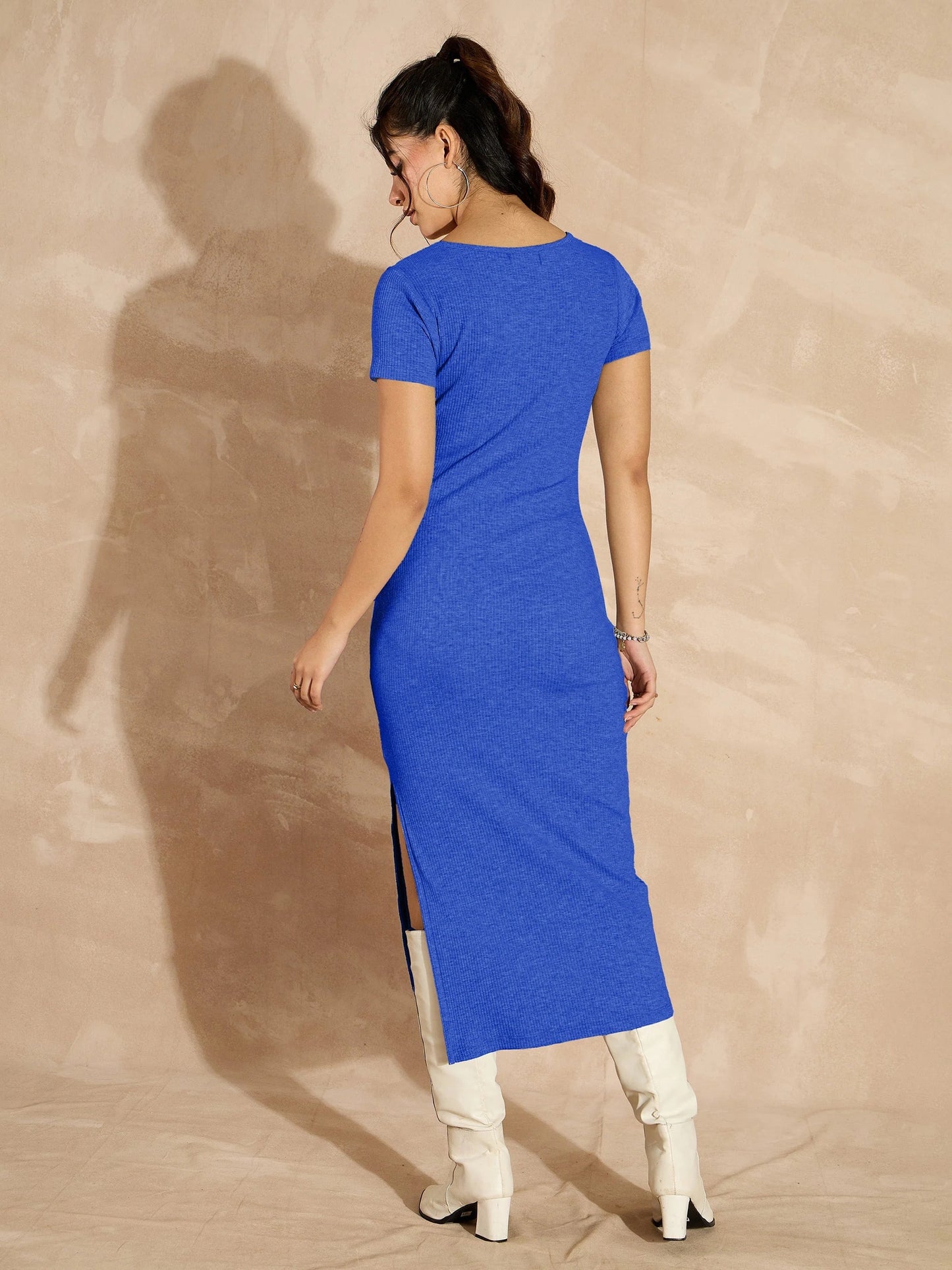 Women Royal Blue Rib V-Neck Midi Dress