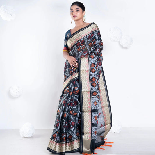 Women Varanasi Chanderi Saree In Black Color With Tree Motifs And Golden Border