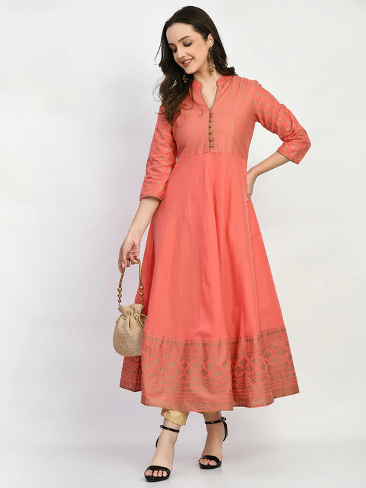 Peach Handblock Printed Anarkali Kurta