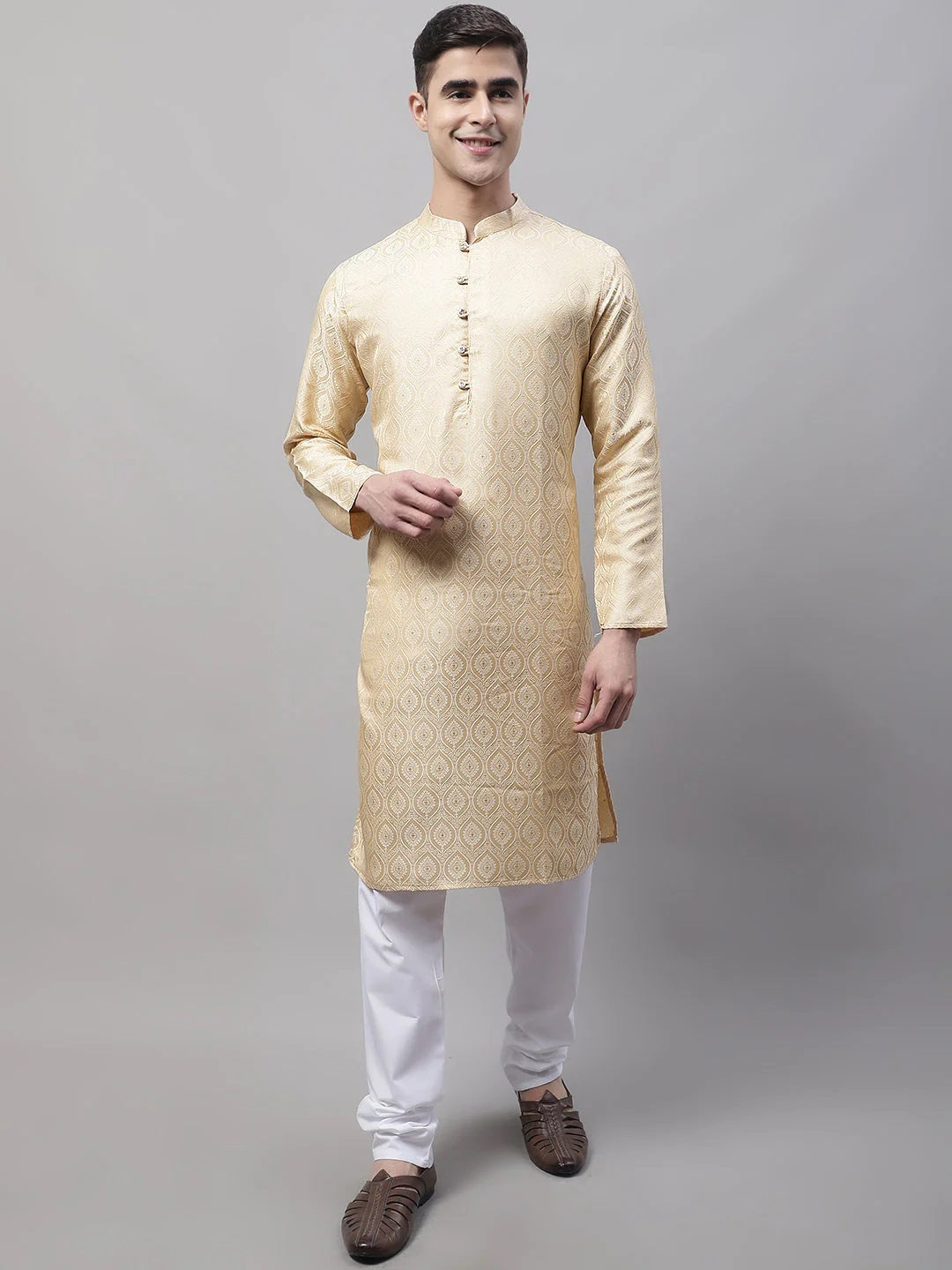 Men Ethnic Beige Woven Design Kurtas