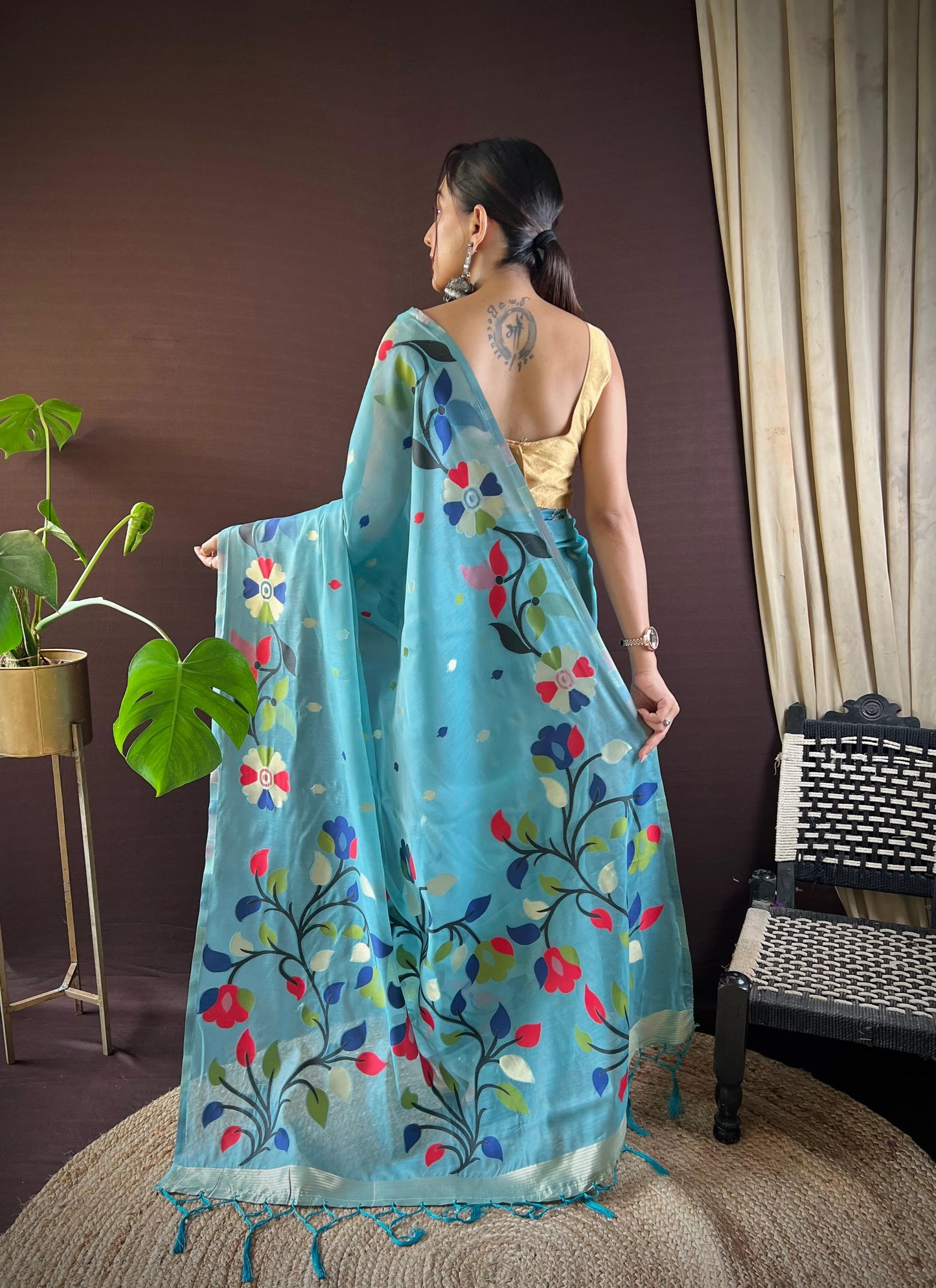 Women Party Wear Handloom Weaving Work Soft Cotton Saree With Un Stitched Blouse (SKY BLUE)