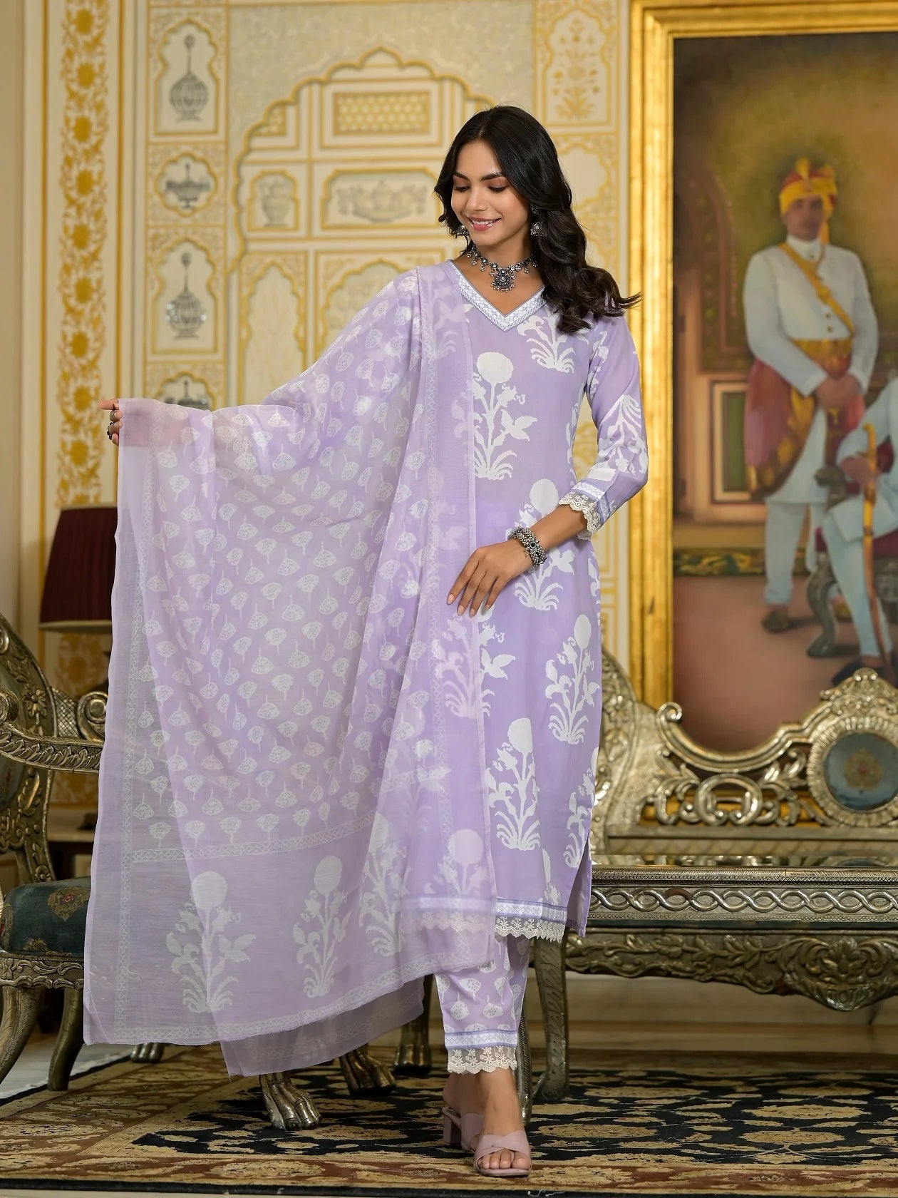 Women Party Wear Flower Printed Kurta With Pant And Dupatta Set