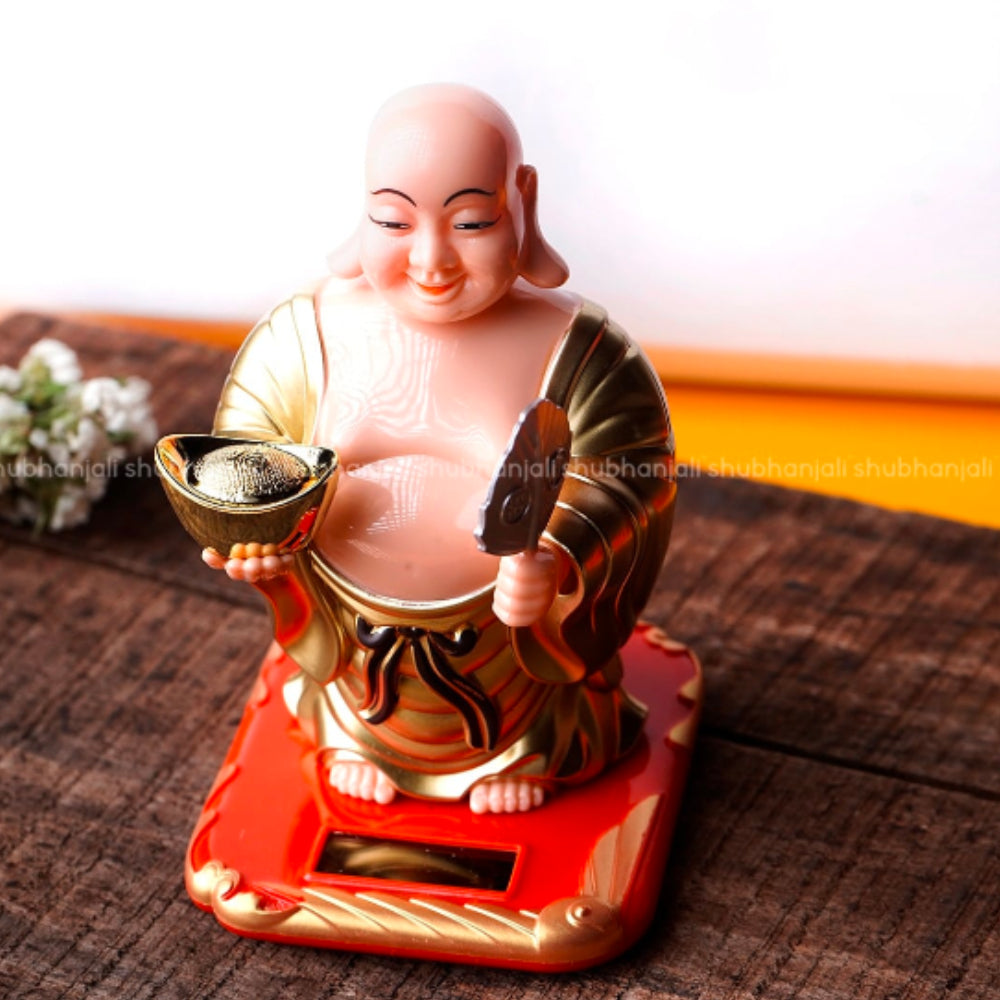 Solar Laughing Buddha with Waving Fan and Ignot