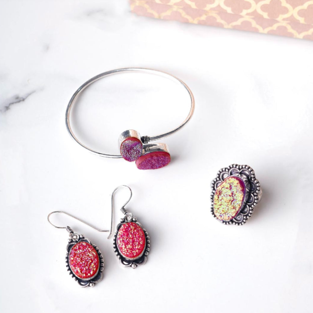 Druzy Agate Ring, Earring and Kada Combo Set