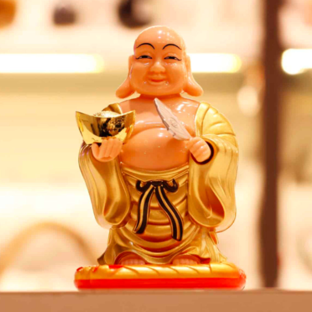 Solar Laughing Buddha with Waving Fan and Ignot