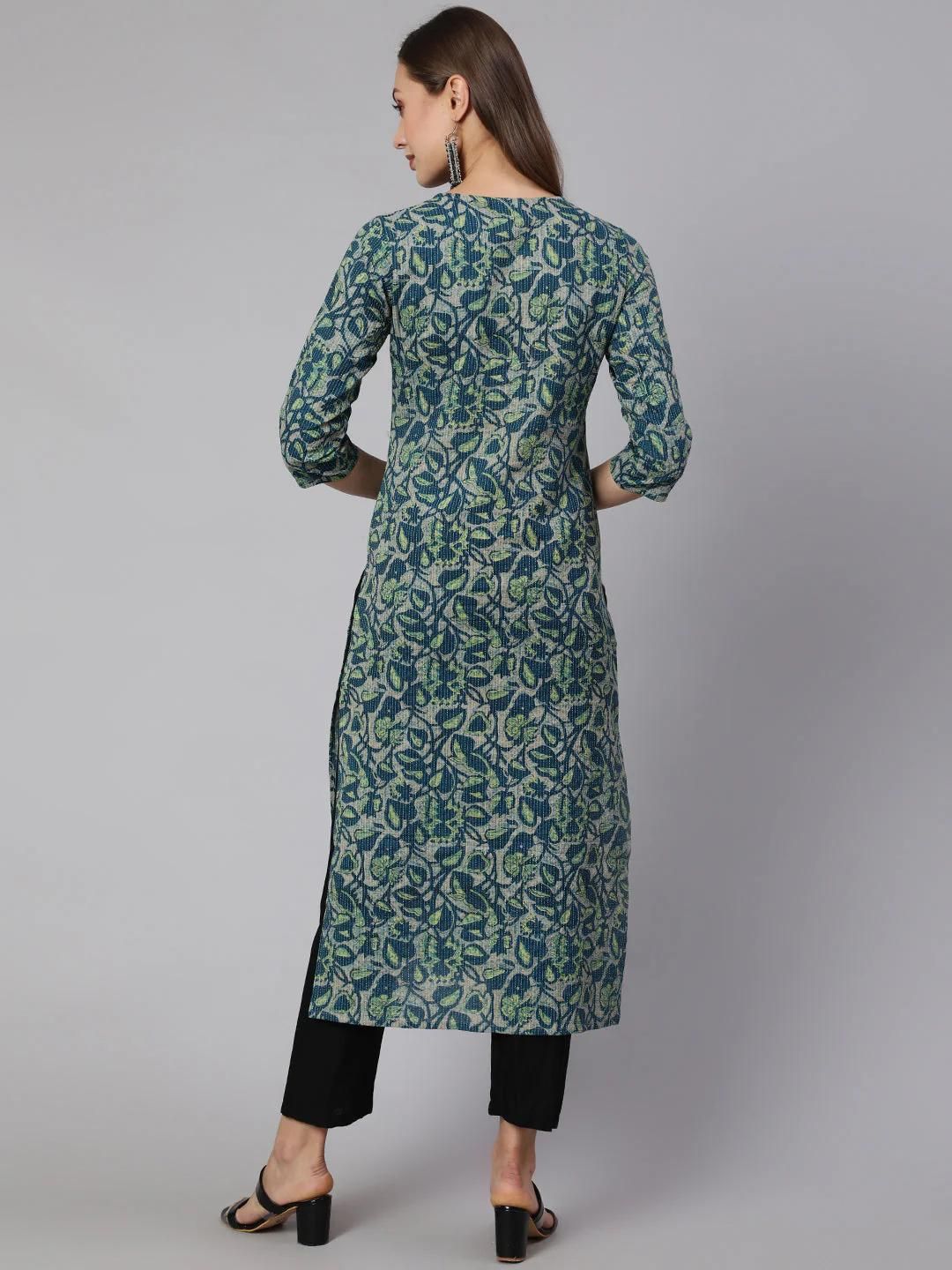 Women Teal Green Ethnic Printed Straight Kurta With Three Quarter Sleeves