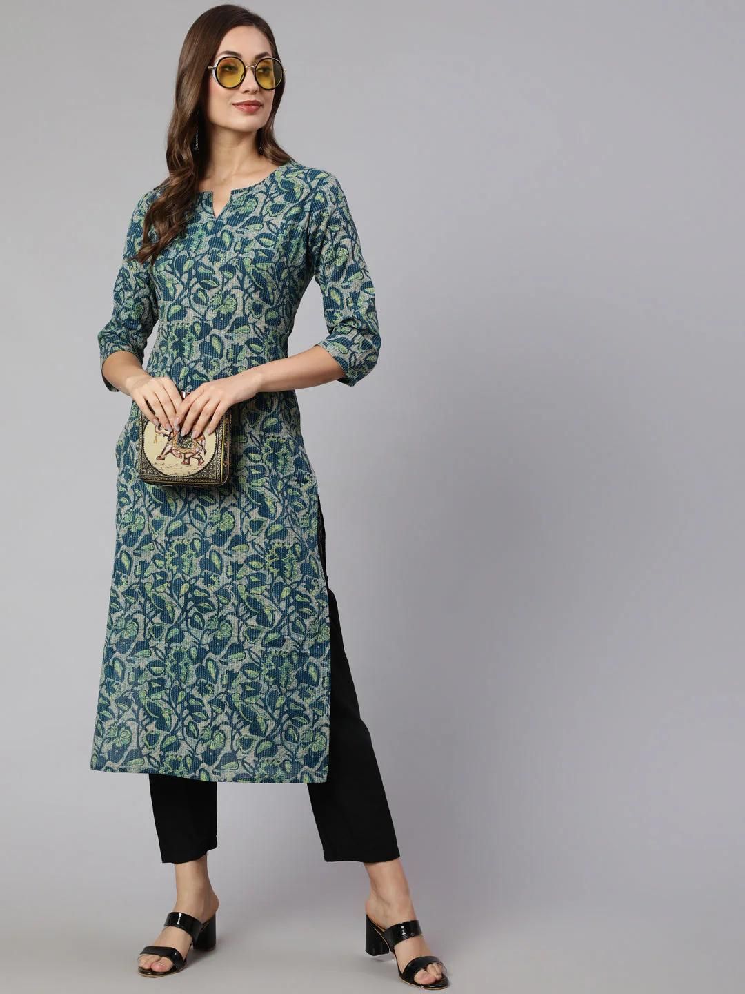 Women Teal Green Ethnic Printed Straight Kurta With Three Quarter Sleeves