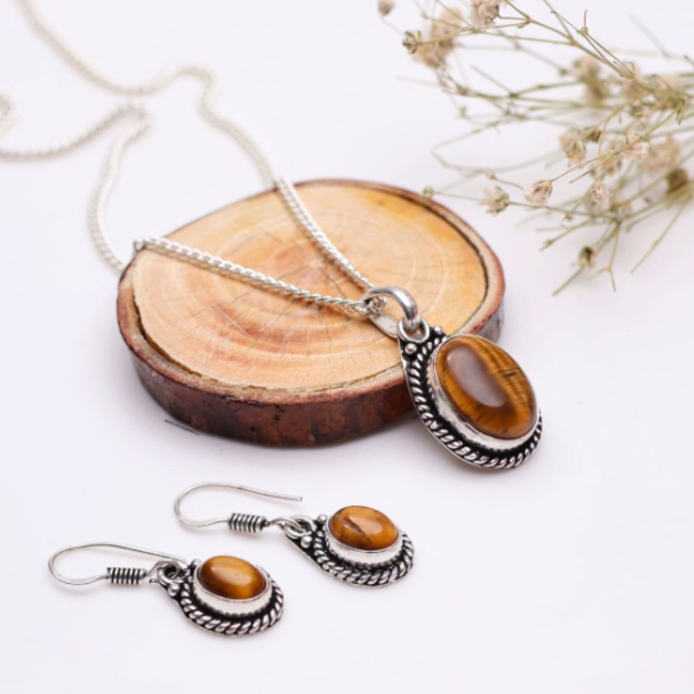 Tiger Eye Pendant, Earrings Jewellery Set