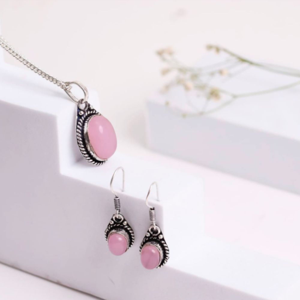 Rose Quartz Pendant, Earrinng Jewellery Set