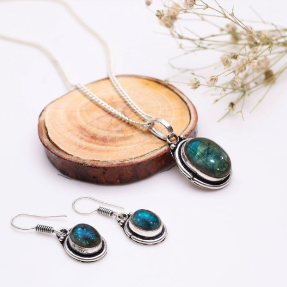 Labradorite Pendant, Earrings Jewellery Set