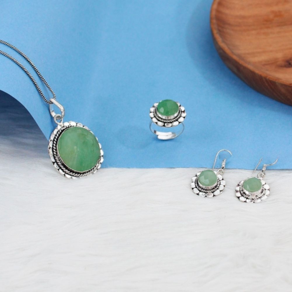 Green Aventurine Jewellery Set, Set of Chain Pendant Ring And Earring