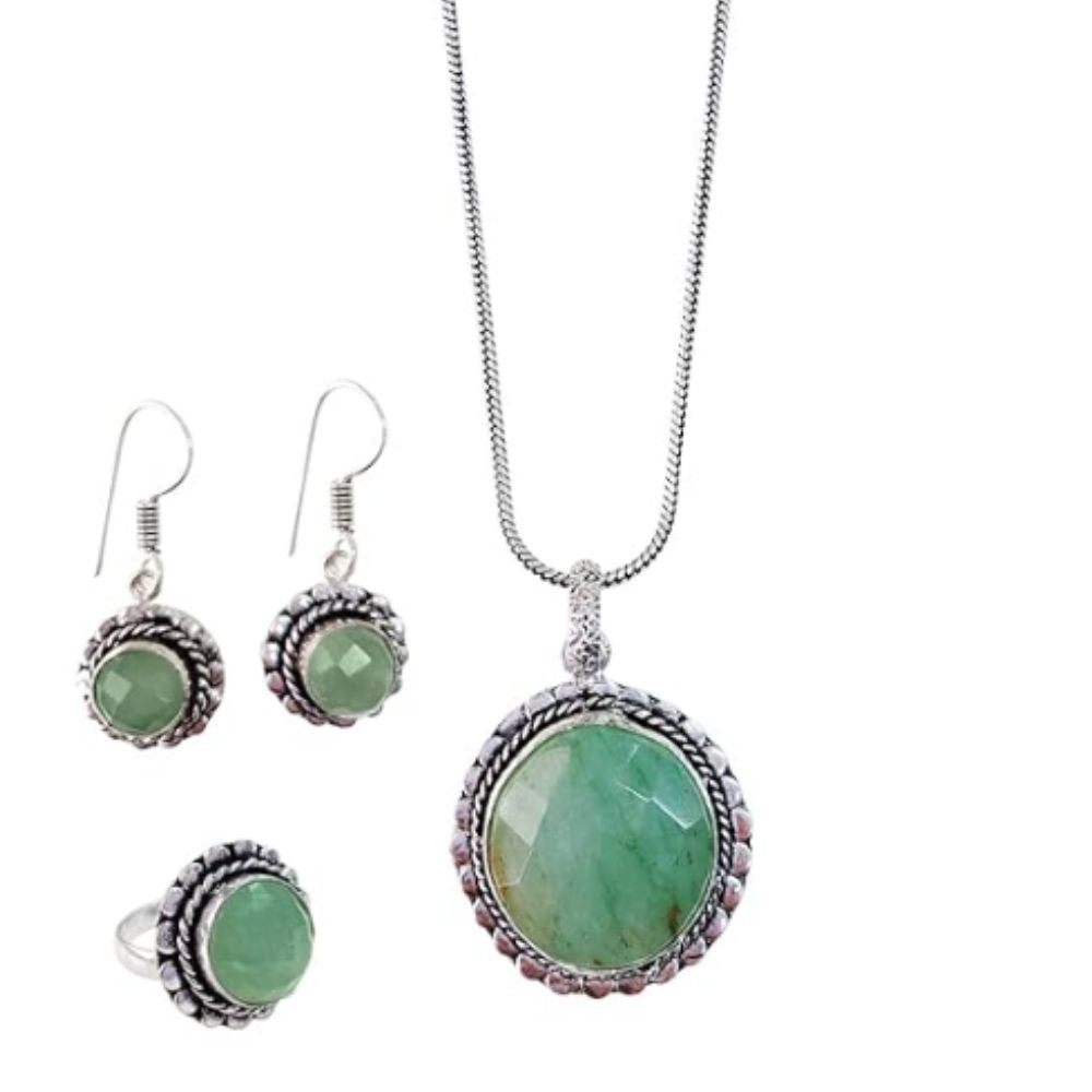 Green Aventurine Jewellery Set, Set of Chain Pendant Ring And Earring