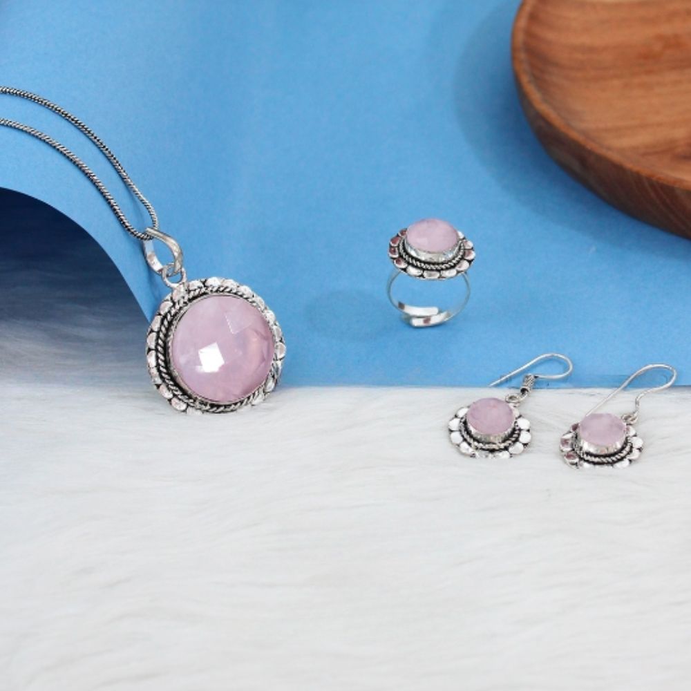 Rose Quartz Crystal Jewellery Combo Set, Set of Chain Pendant, Ring and Earring