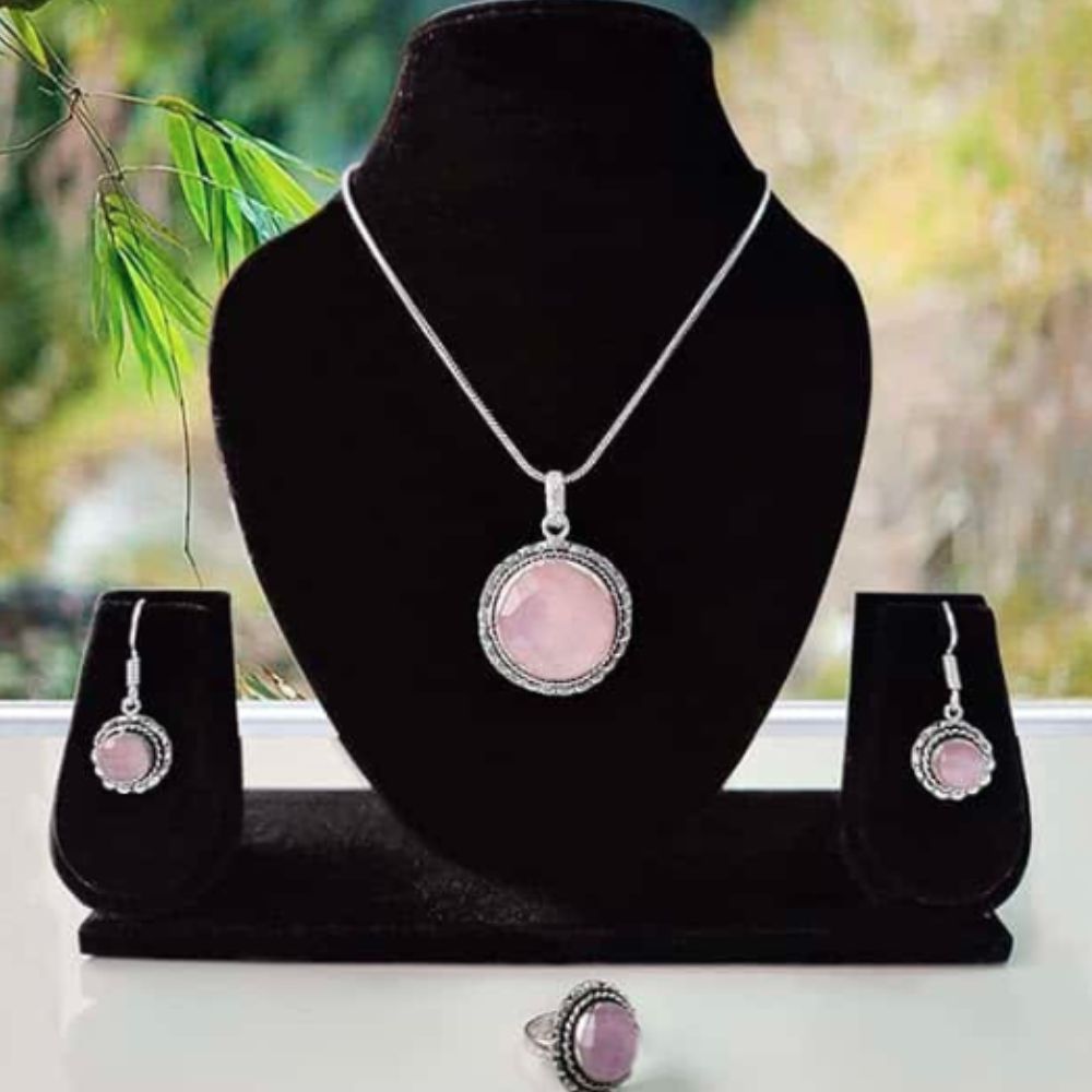 Rose Quartz Crystal Jewellery Combo Set, Set of Chain Pendant, Ring and Earring