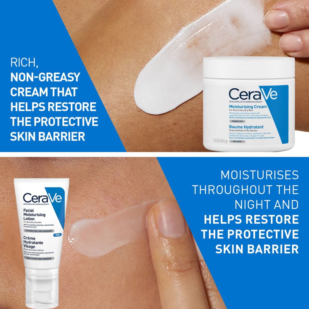 CeraVe Evening Moisturising Routine for Dry Skin, Body and Face Moisturiser with Hyaluronic Acid