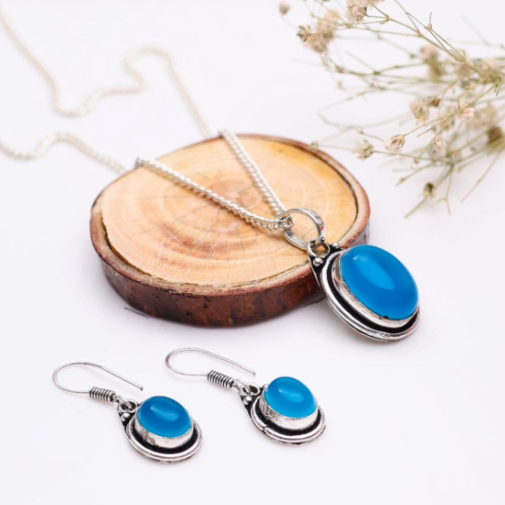 Blue Onyx Pendant and Earring Jewellery Set