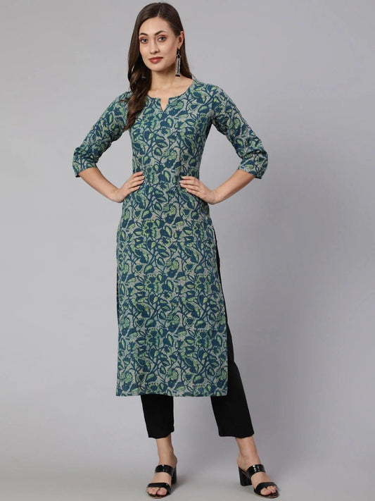 Women Teal Green Ethnic Printed Straight Kurta With Three Quarter Sleeves