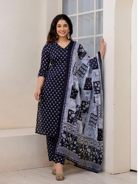 Women Black Ethnic Printed Kurta And Trouser With Dupatta