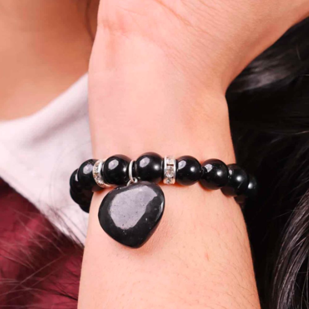 Black Tourmaline Bracelet With Mini Heart Charm