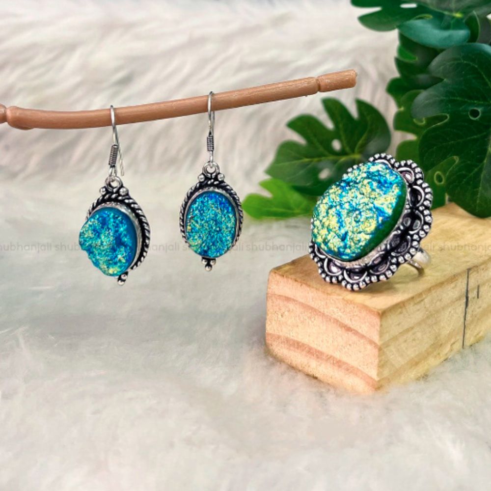 Druzy Agate Jewellery Set (Blue) of Earring and Ring