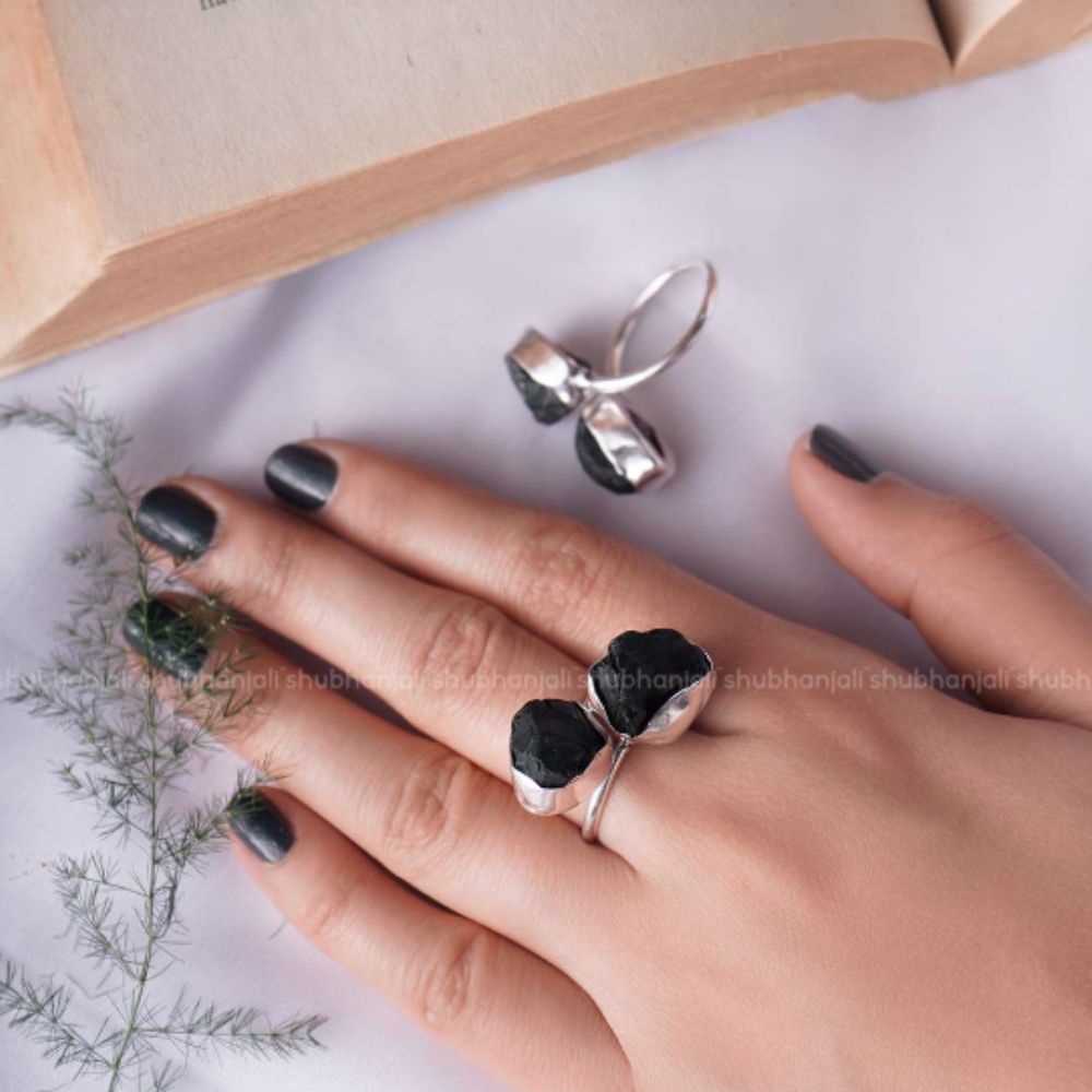 Black Tourmaline Double Raw Stone Ring