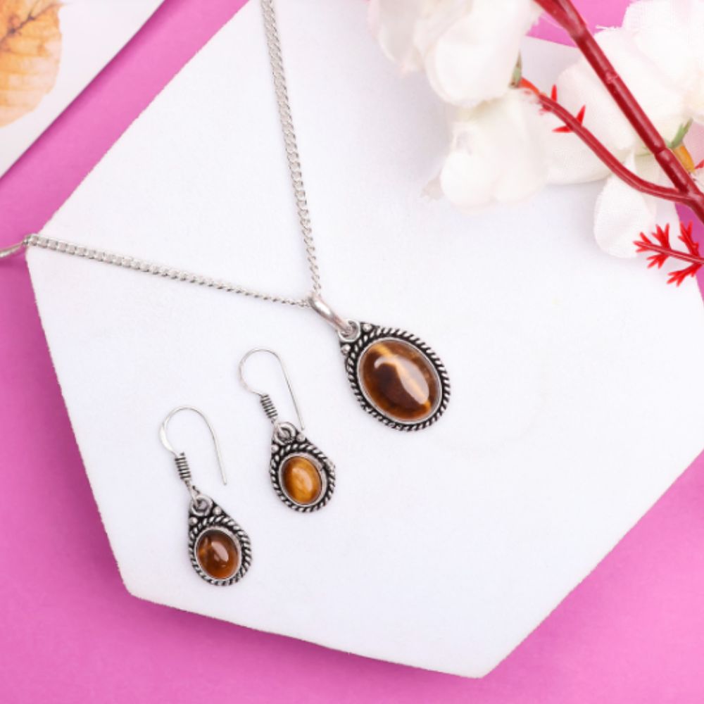 Tiger Eye Pendant, Earrings Jewellery Set