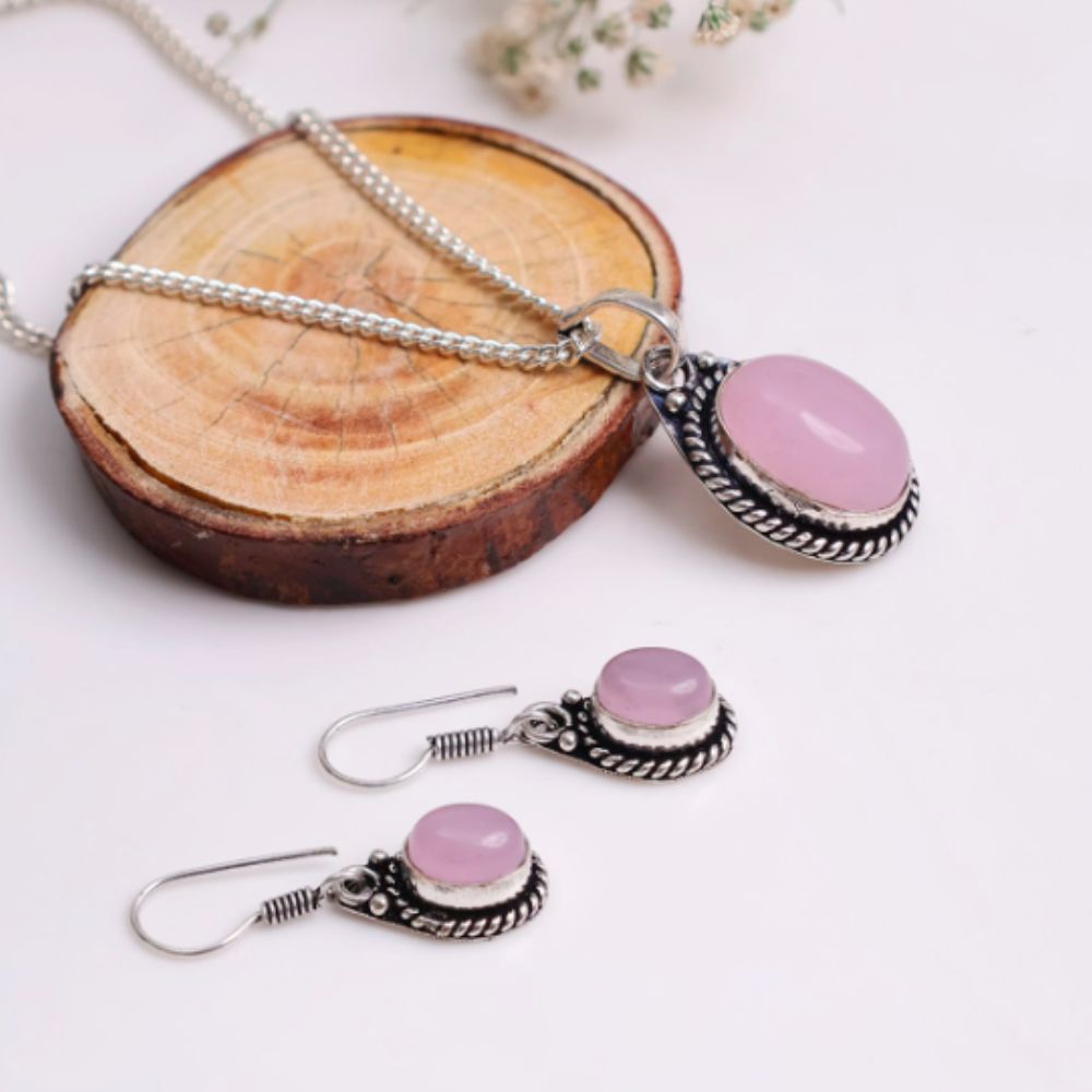 Rose Quartz Pendant, Earrinng Jewellery Set