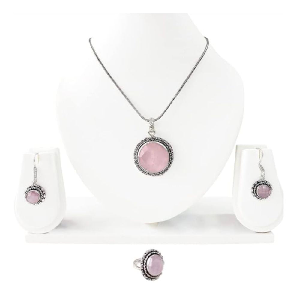 Rose Quartz Crystal Jewellery Combo Set, Set of Chain Pendant, Ring and Earring