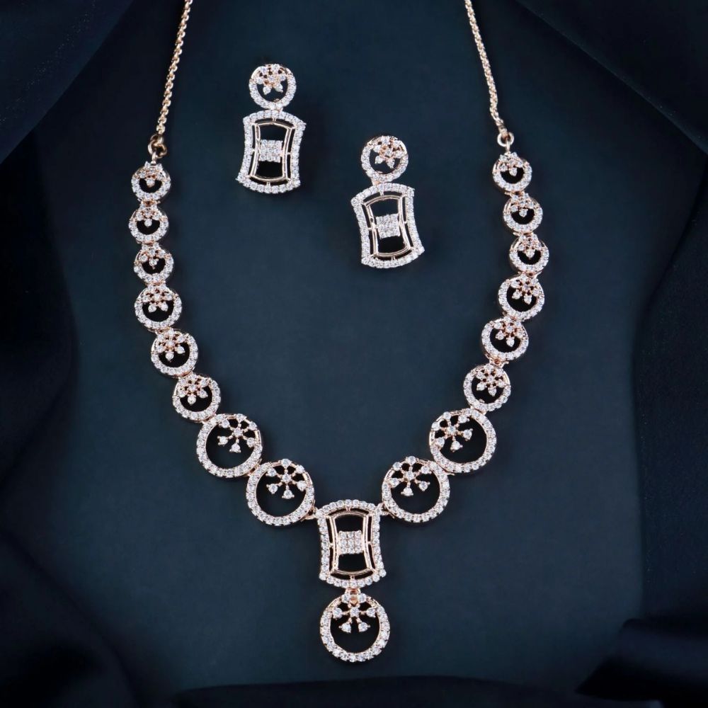 Stylish Rose Gold Plated Cubic Zirconia American Diamond CZ AD Necklace Jewellery Set For Women & Girls