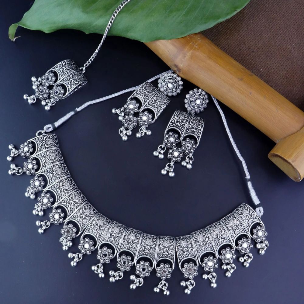 Navratri Ethnic Silver Oxidized Traditional Afghani Choker Necklace Jewellery Set for Women