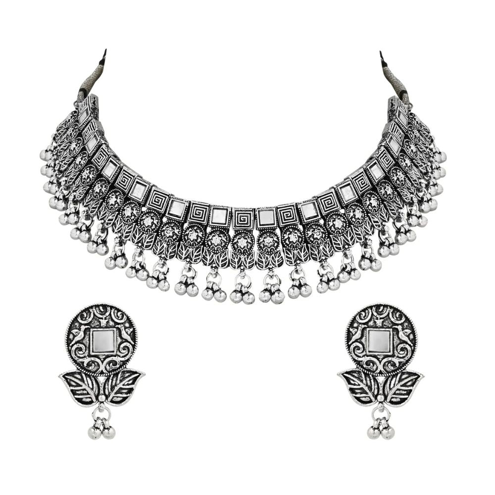 Navratri Ethnic Silver Oxidized Traditional Afghani Choker Necklace Jewellery Set for Women