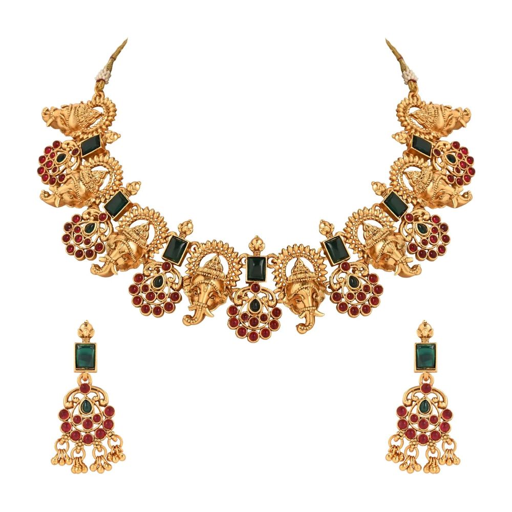 Gold Plated Traditional Temple Choker Necklace Jewellery With Earrings Set for Women/Girls