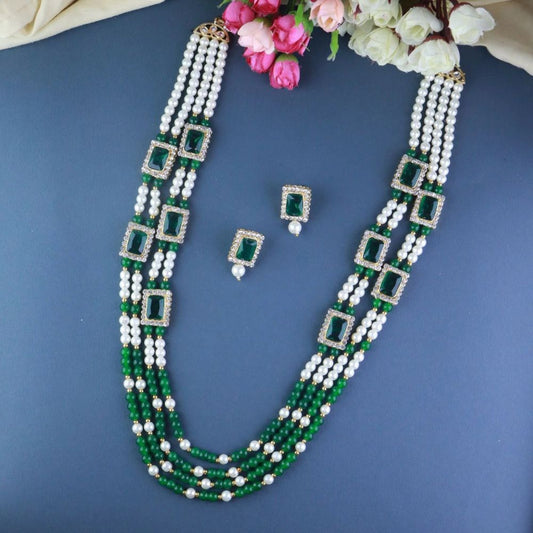 Gold Plated Traditional Stone Studded Multi Strand Long Pearl Necklace Jewellery With Stud Earrings Set For Women/Girls(Green)